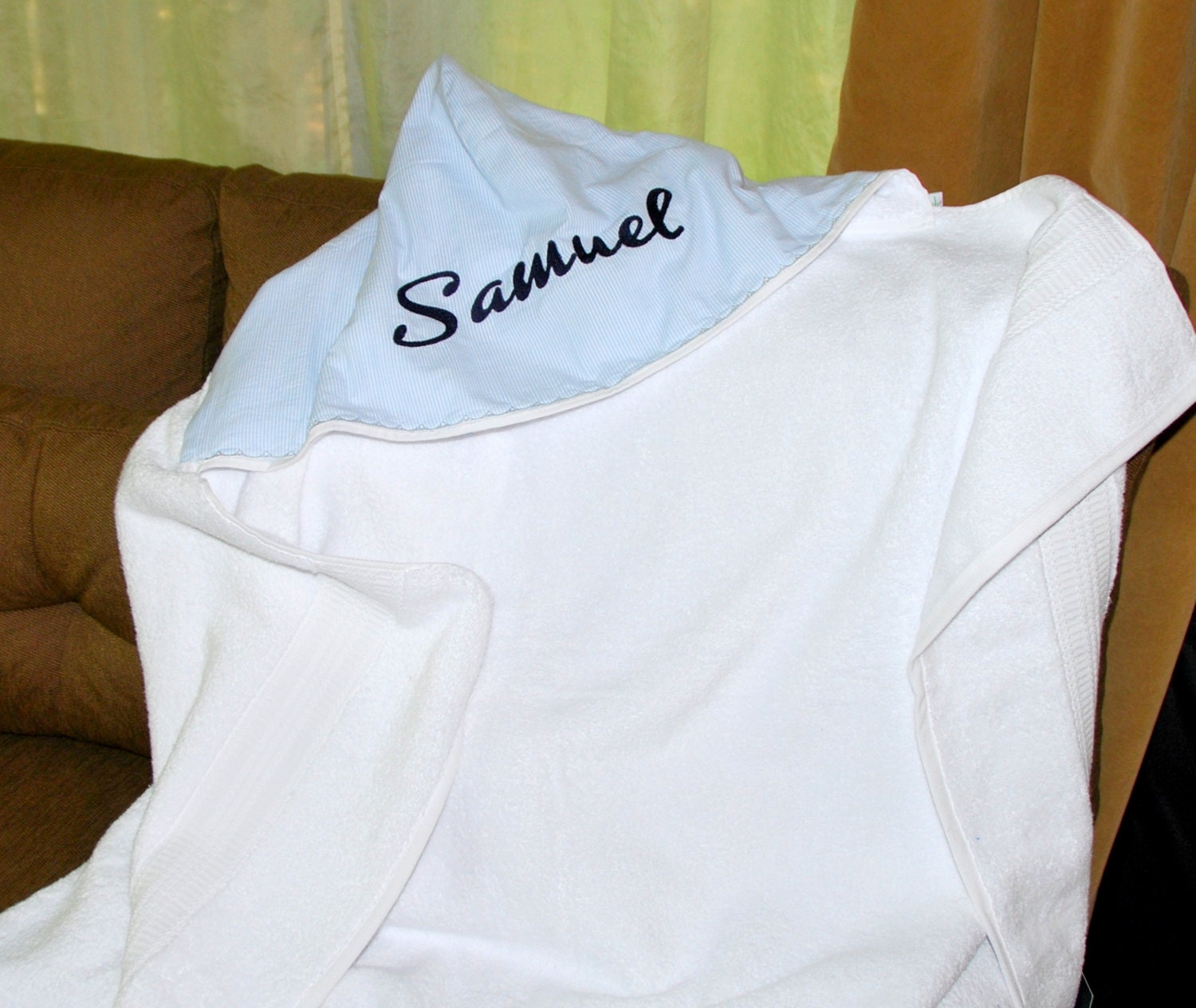 Luxury Hooded Bath Towel 29" x 54" Pink or Blue Fabric Finders Mini Stripe Seersucker Your Choice Monogram, Full Name or Design