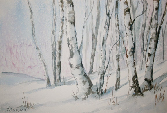Winter Birch Trees Original Watercolor Painting - LeslieRedheadArt