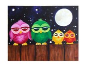 Childrens Wall Art, OWLS ON A FENCE, 14x11, Whimsical Owl Art for Nursery