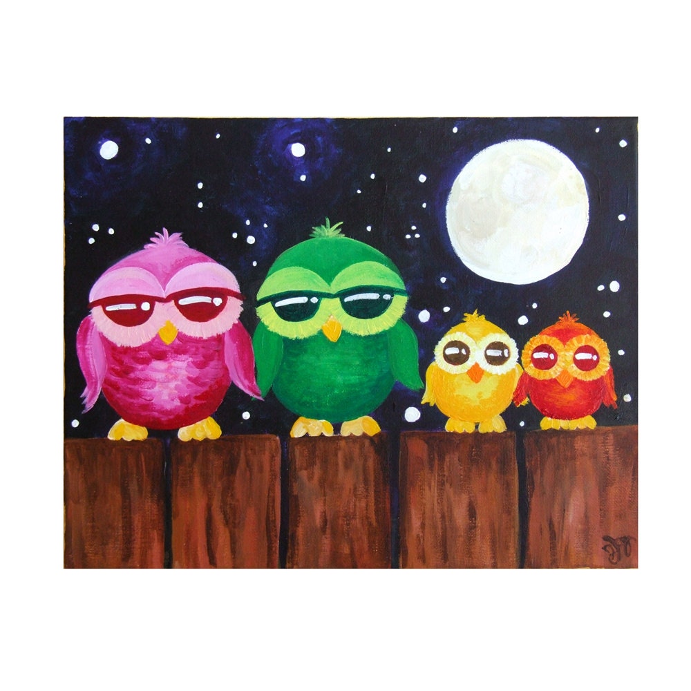 Childrens Wall Art, OWLS ON A FENCE, 14x11, Whimsical Owl Art for Nursery