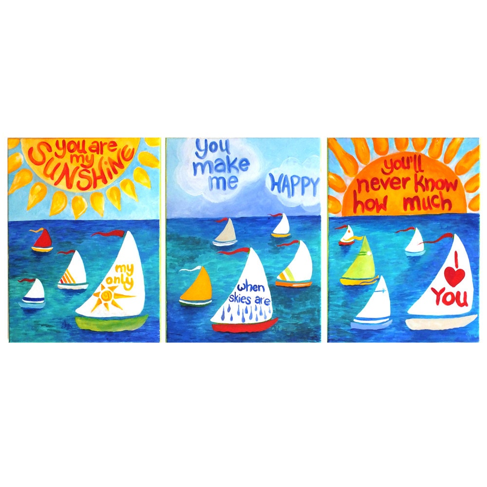 You Are My Sunshine, ART PRINTS, 16x20 Giclee Set of 3,  Sailboat Themed Decor for Kids, Colorful Nursery Art