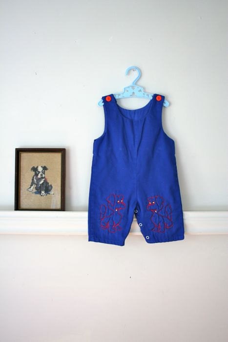 vintage boys overalls - PUPPY blue and red jumpsuit / 12M
