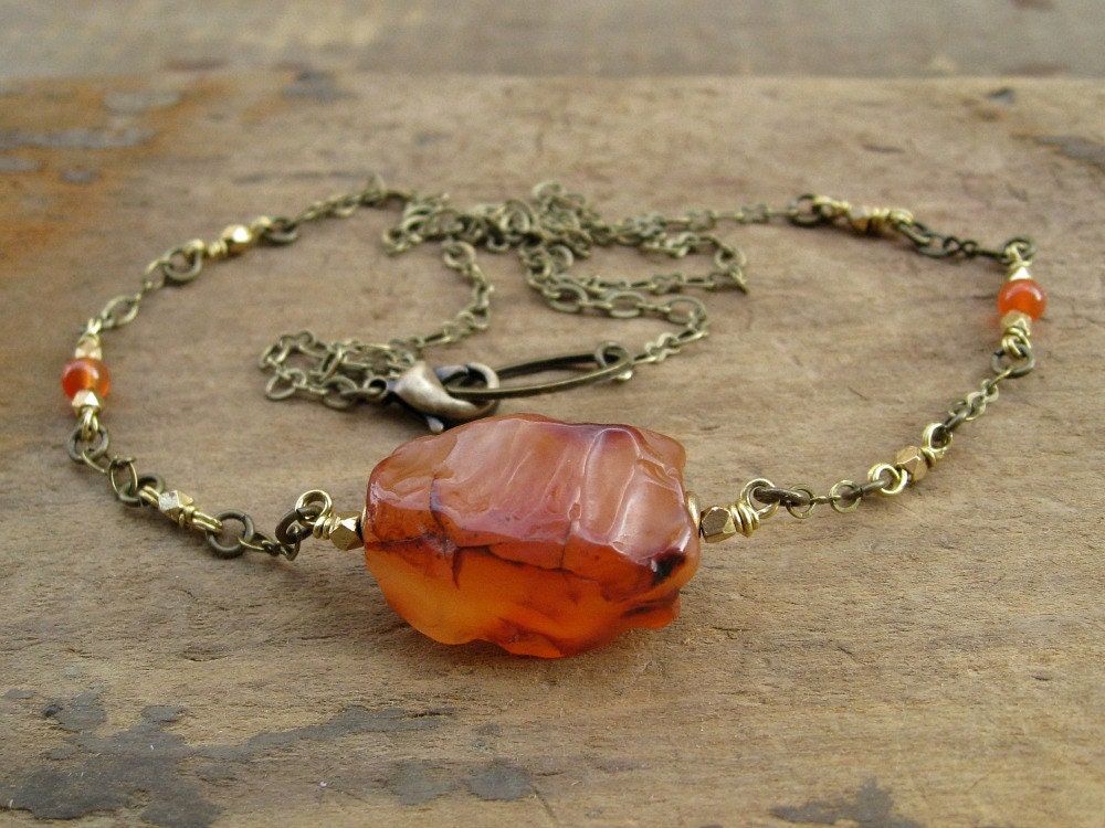 Carnelian Necklace, rough stone necklace with brass chain and rugged orange carnelian pendant