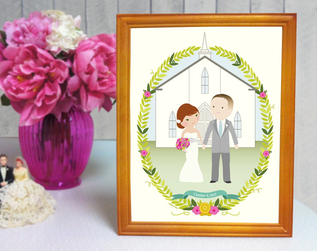 Wedding Cartoon Chapel Portrait (full length, with custom text or initial)