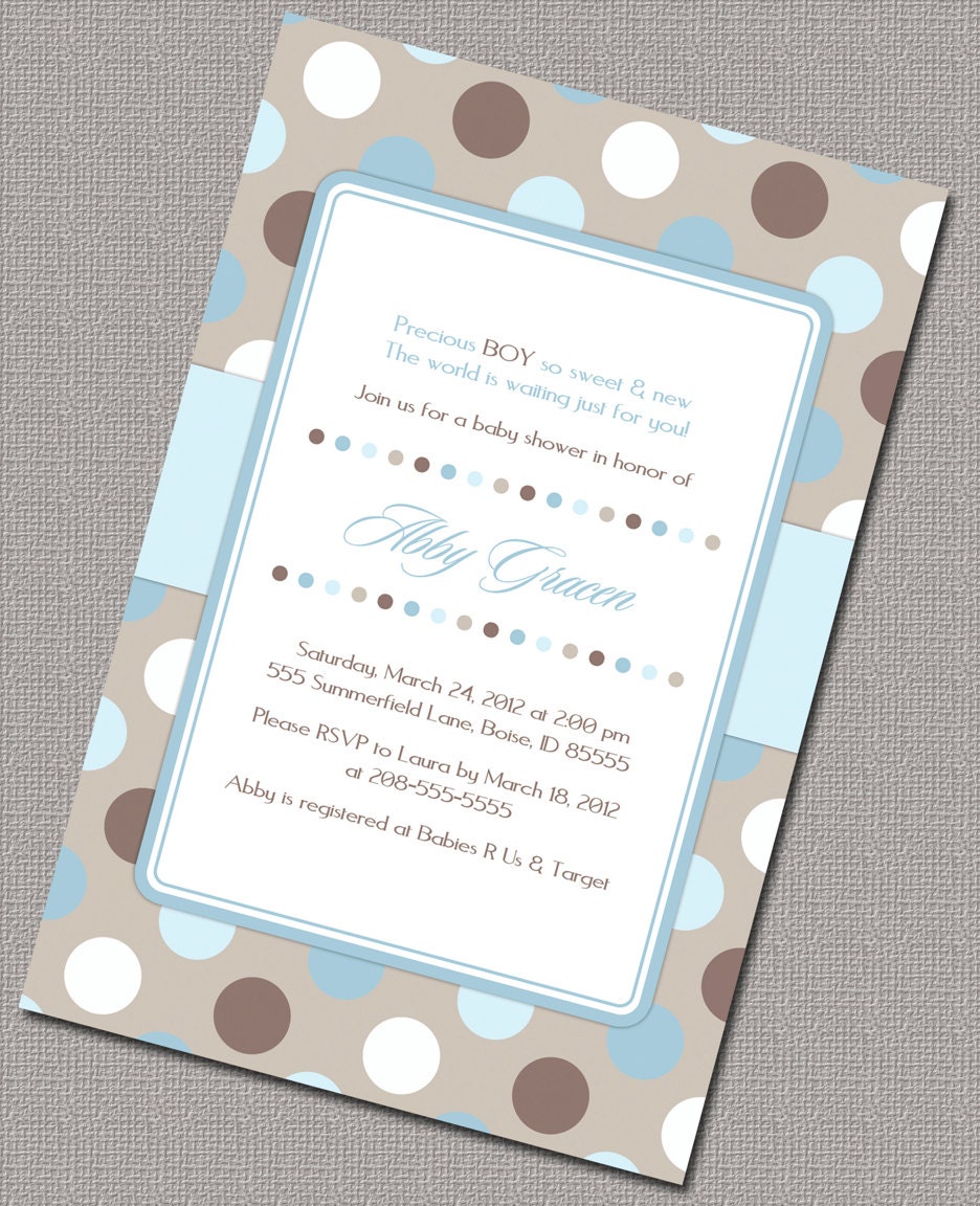 DIY Boy Baby Shower Invitations, Baby boy shower invite, blue and brown polkadots, digital printable file - Design 858