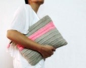 Oversized Crochet Clutch Purse Grey Neon Pink Color Block Foldover