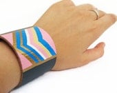 PINK, blue, white and golden TRIBAL CHEVRON-- 2 inch Blue Leather Bracelet / Cuff