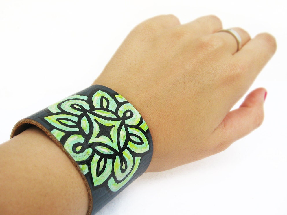 Green Mandala FLOWER TRIBAL CHEVRON-- 2 inch Blue Leather Bracelet / Cuff