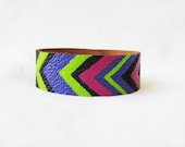 NEON TRIBAL CHEVRON green pink and purple-- 2 cm  or 6/8 inch Black Leather Bracelet / Cuff