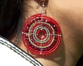 Red Maasai Beaded Earrings, with Gold and Silver, Handmade Jewelry Earring Beadwork (Large)