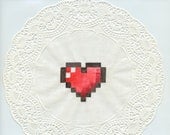 8-bit Love Doily, Heart painting on paper doily 8"