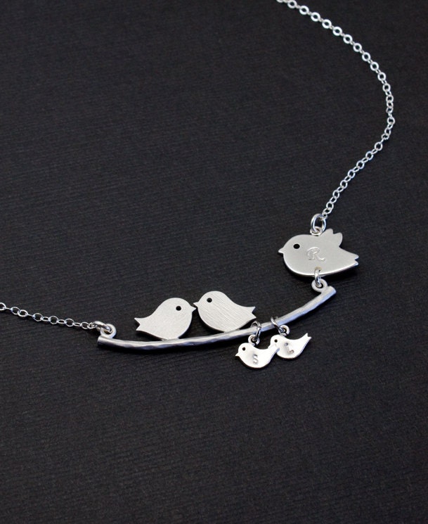 Personalized Jewelry. Bird Family Silver Necklace, Mother and Baby Birds,STERLING silver , Initial Jewelry, Mother. Grandma