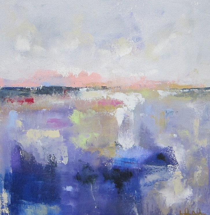 Abstract Landscape Original Acrylic Painting - Patchwork Landscape Purple 16 x 16