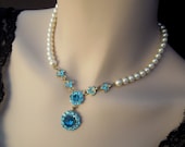 Bridal Necklace,Something Blue Necklace,Ivory or White Pearls,Gold Bridal Necklace,Bridal Rhinestone Necklace,Bridal Pearl Necklace, LILY