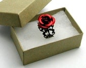 Red Rose Ring Adjustable Victorian Filigree in Antiqued Brass with Gift Box