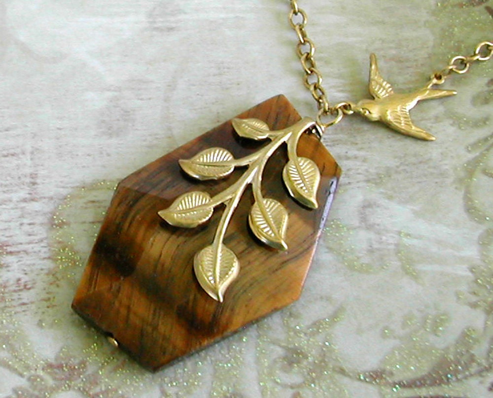 Tigers Eye Bird Necklace with Gold Leaves