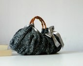 Knitted Women's tote bag, handmade purse, accessories, Knit Handbag, shades dark grey, autumn, winter Bag, christmas gift,  silver grey bow
