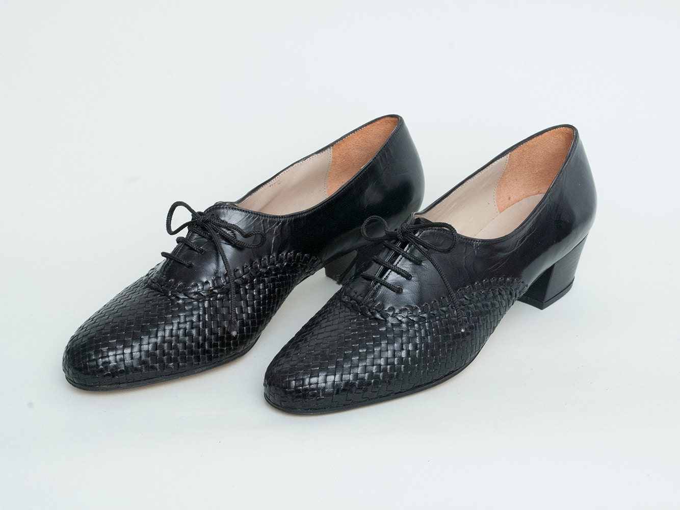 Size 9.5 Hand Woven Black leather lace up heeled shoes Dead stock Vintage