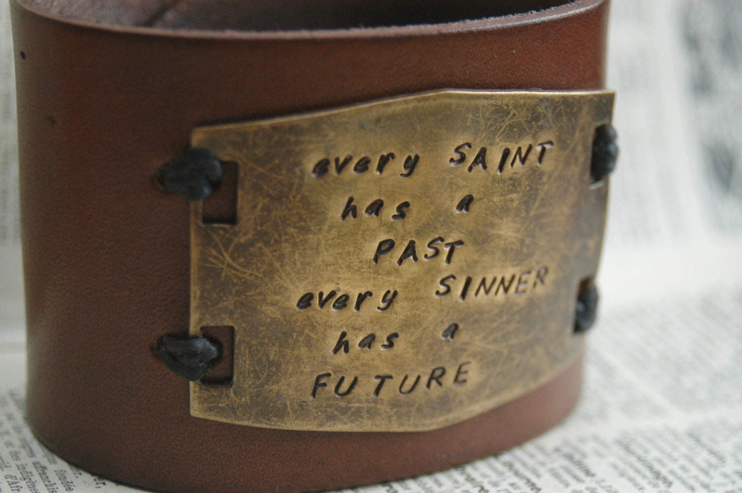 Leather Cuff Bracelet - Hand Stamped With Oscar Wilde Quote- Every Sinner Has A Future By Inspired Jewelry Designs