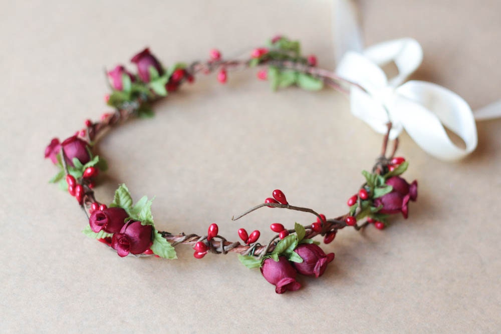 little romantics rose hair wreath // wine red valentines - vintage, woodland, wedding, dainty rose headpiece, headband, hair crown,