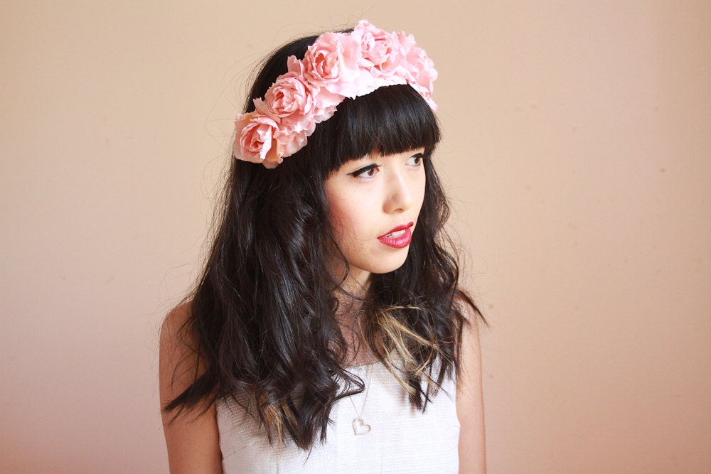 pale pink floral large statement rose crown headband - halo, santa monica, wedding headpiece, flower hair wreath, festival, summer.