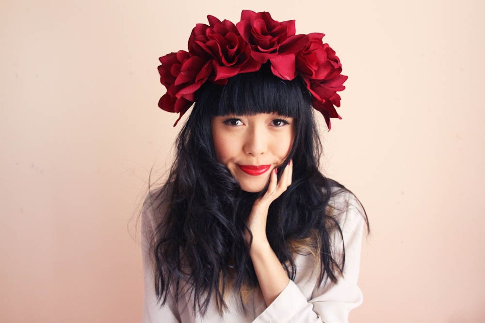 oversize deep red flower head crown - romantic rose floral headpiece, hair wreath, headband, statement, festival, valentines day, love.