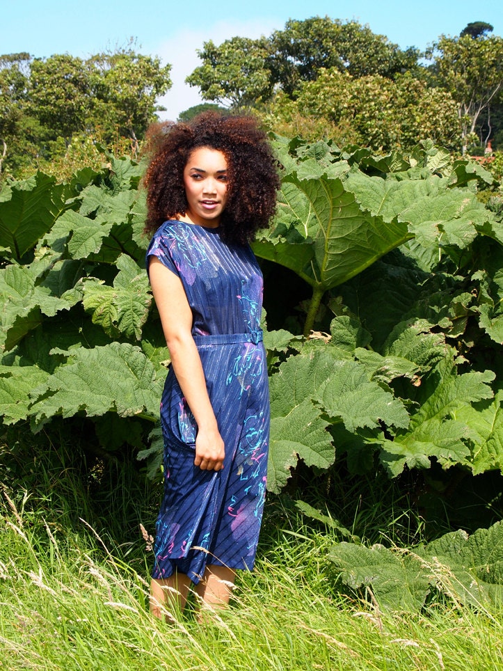 Maeve, French Vintage, 1970s Navy Blue Floral Midi Dress, from Paris