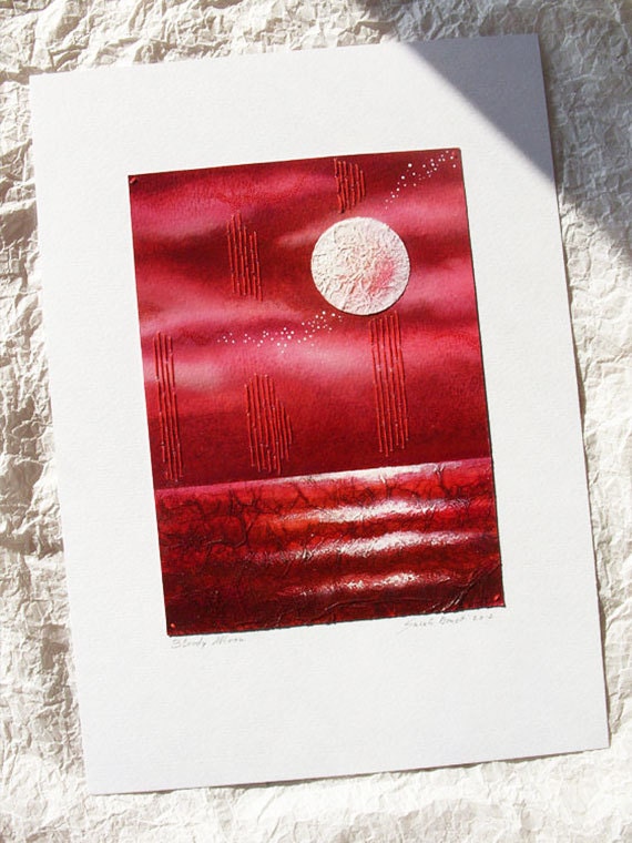 Original painting Red Painting, illustration, Mixed media abstract art OOAK - Bloody Moon