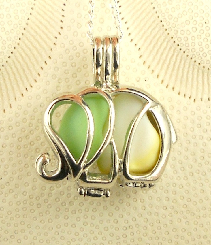 GENUINE Sea Glass Necklace Elephant Locket  Green And Yellow Milk Glass