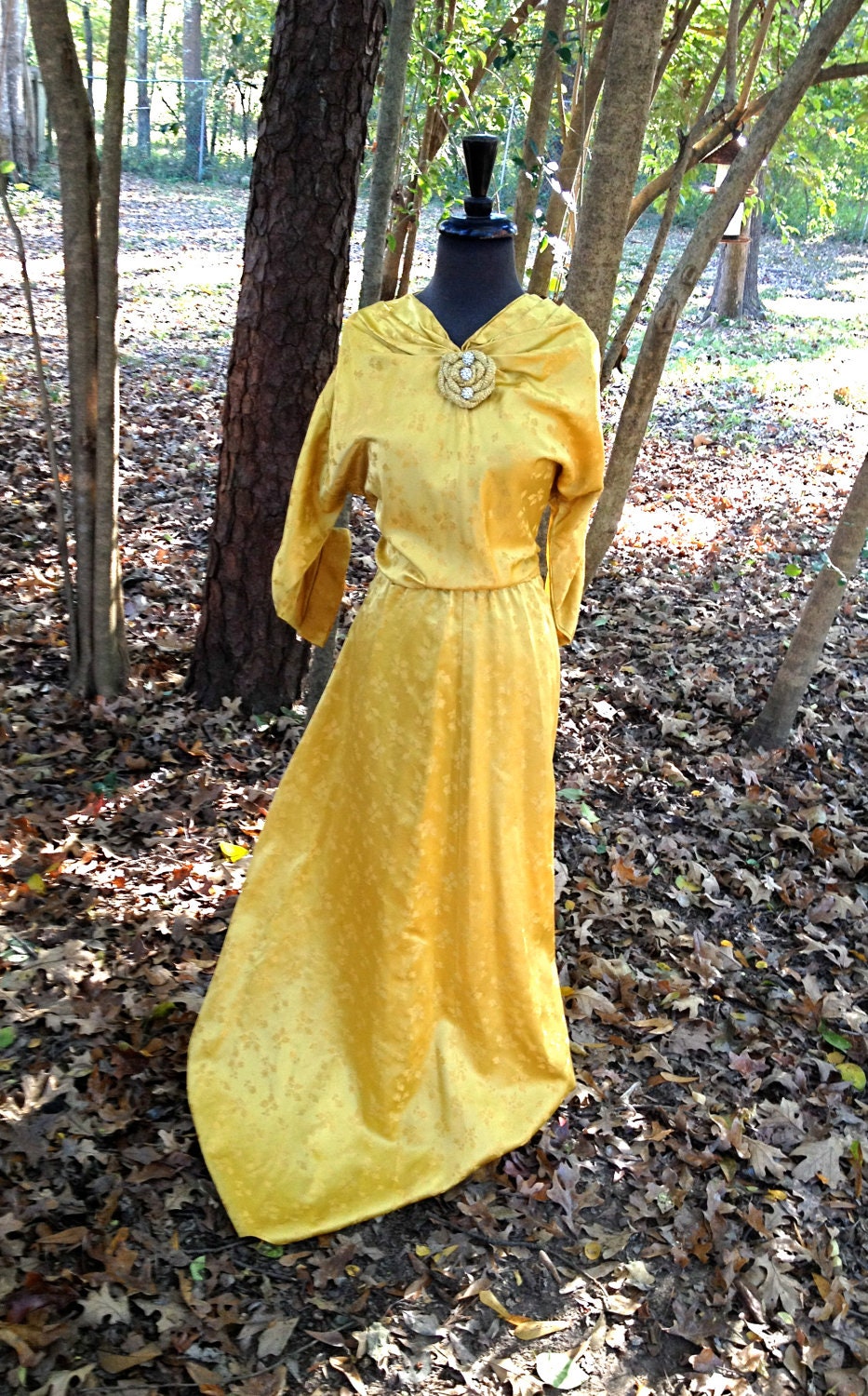 vintage gold silk evening gown - 1950s-60s long silk brocade formal dress w/ rosette detail