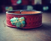 LUX Bohemian 1 Inch Stacking Recycled Stamped Red Leather Raw Natural Turquoise Gemstone Cuff