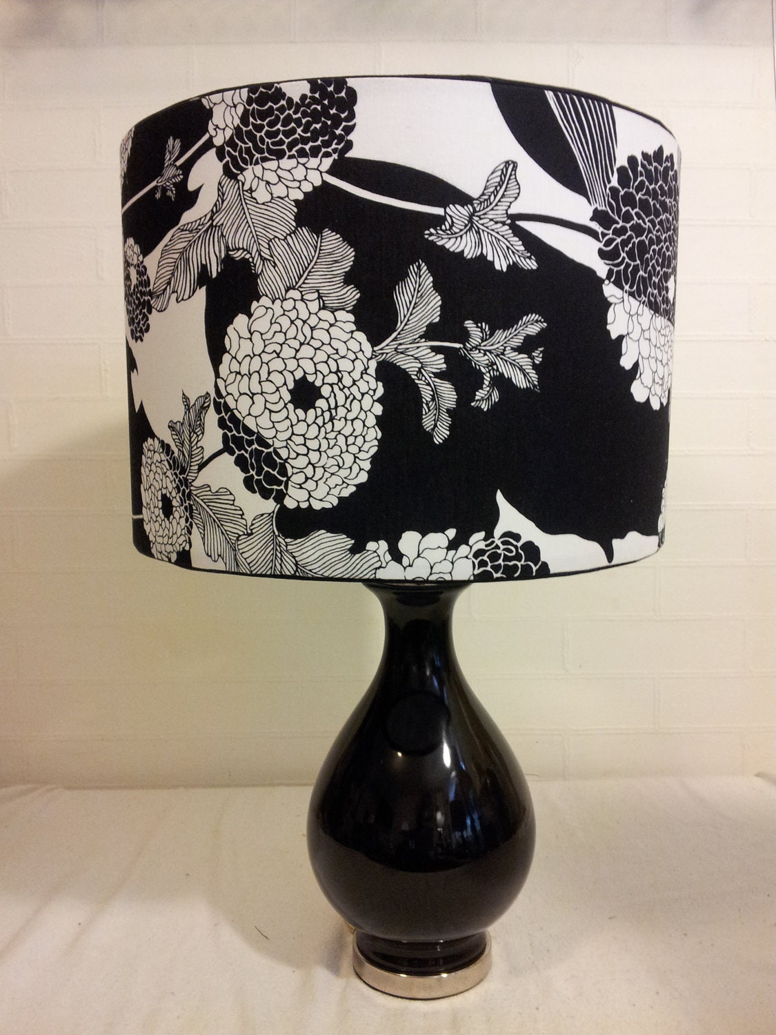 Treasury List, Modern Black and White Floral Barrel Shade on Black Glass Lamp