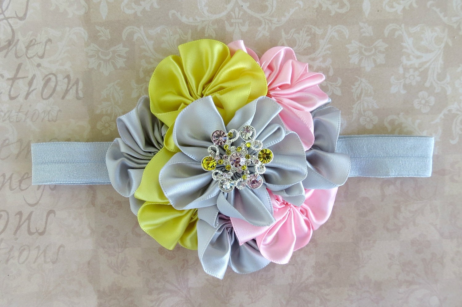 Baby Headband..Pink Headband..Grey Headband..Newborn Headband..Satin Headband..Toddler Headband..Flower Girl Headband
