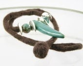 necklace choker tribal unisex men women  felt dark brown ceramic raku turquoise silver spike for him  free shipping teamt
