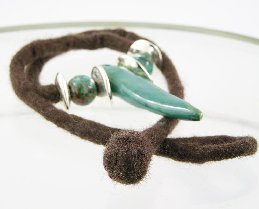necklace choker tribal unisex men women  felt dark brown ceramic raku turquoise silver spike for him  free shipping teamt