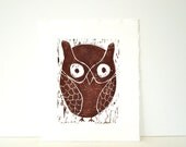 Owl Art Linocut 8x10 PRINT Dark Cocoa Brown Owl 8x10