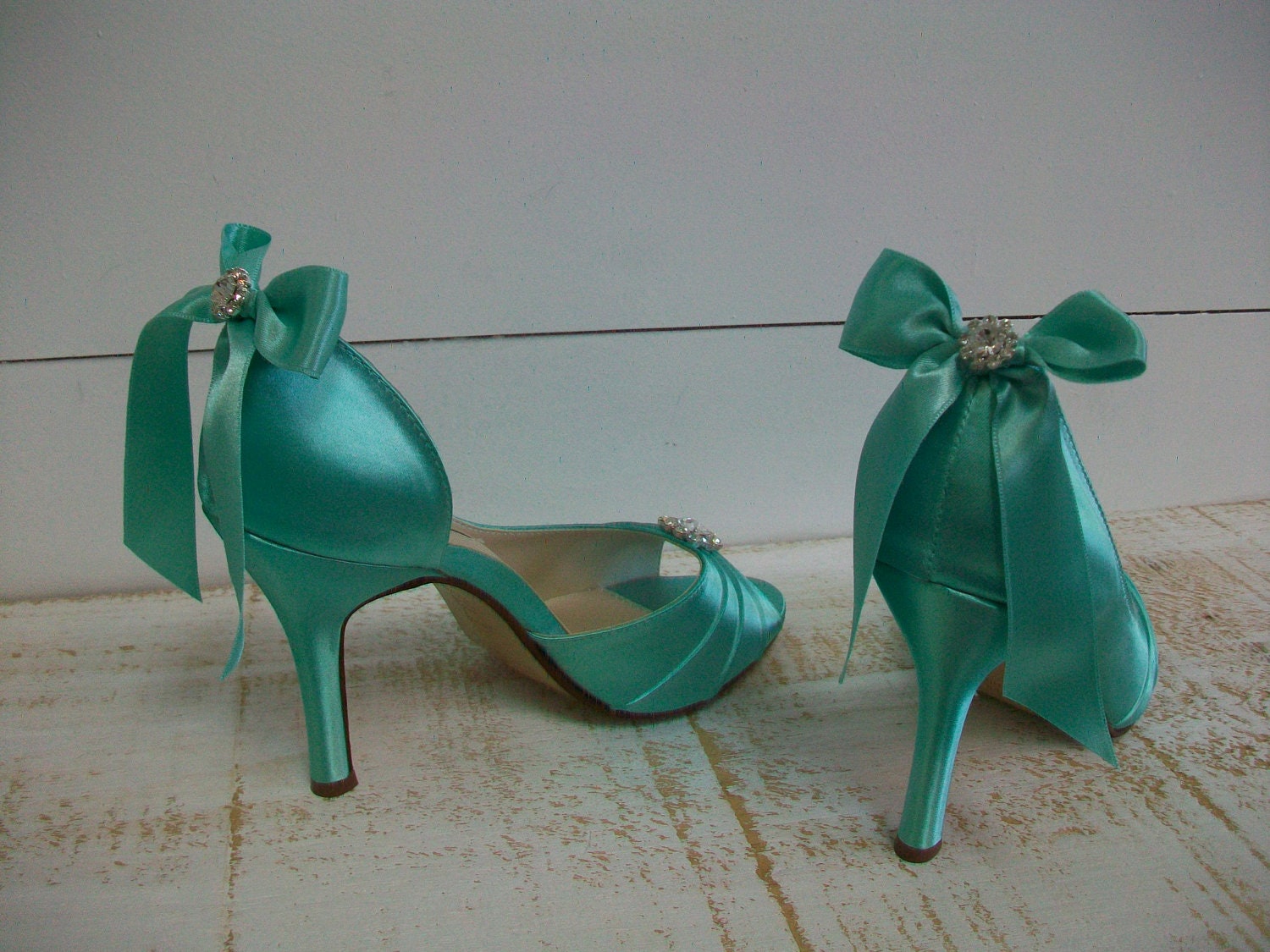 tiffany blue heels with bow on back