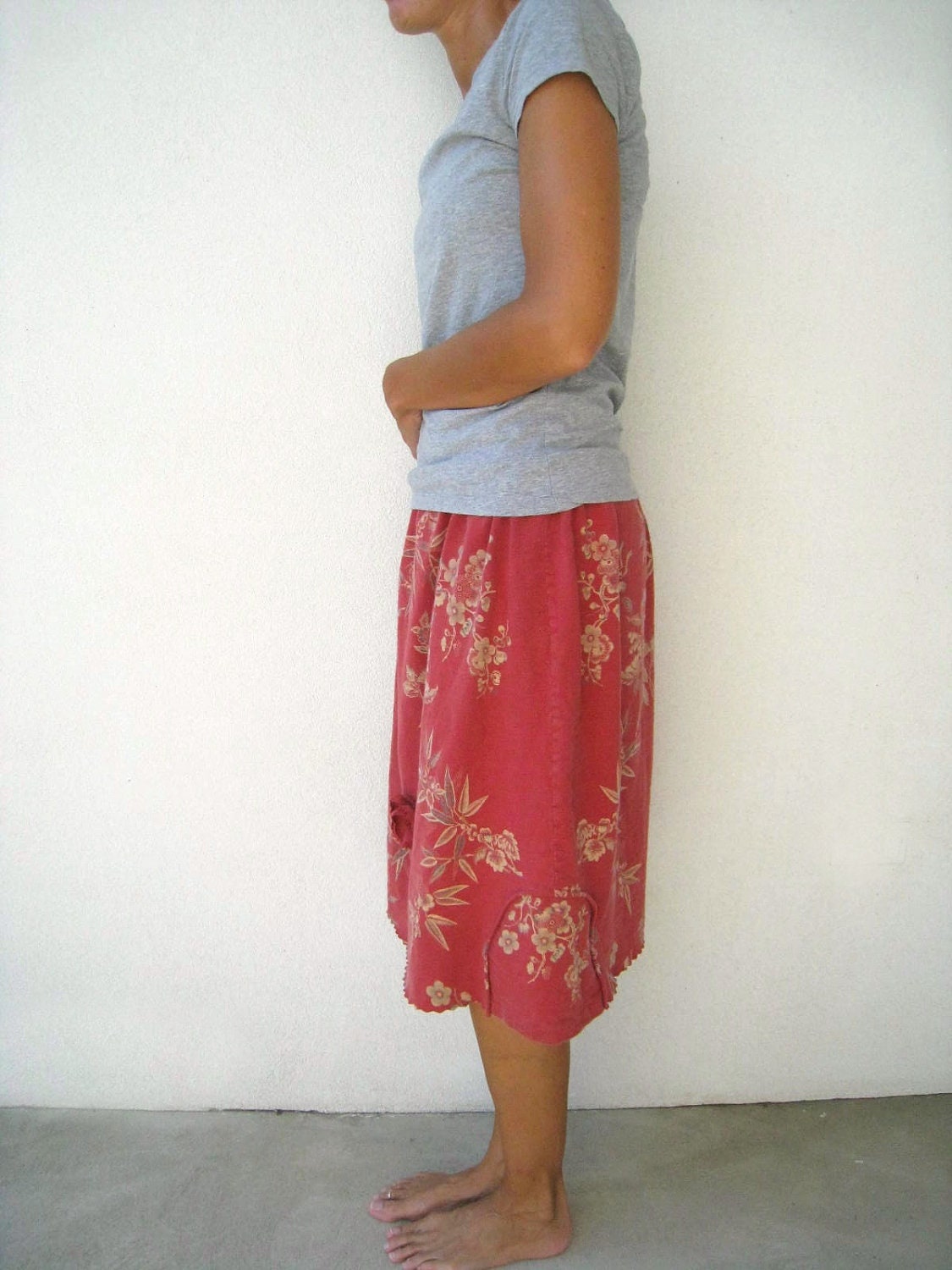 T Shirt Skirt for Her / Recycled Upcycled / Cotton Tee / Brick Red Rust Tan / Floral Design / Drawstring / Soft / Fun / by ohzie