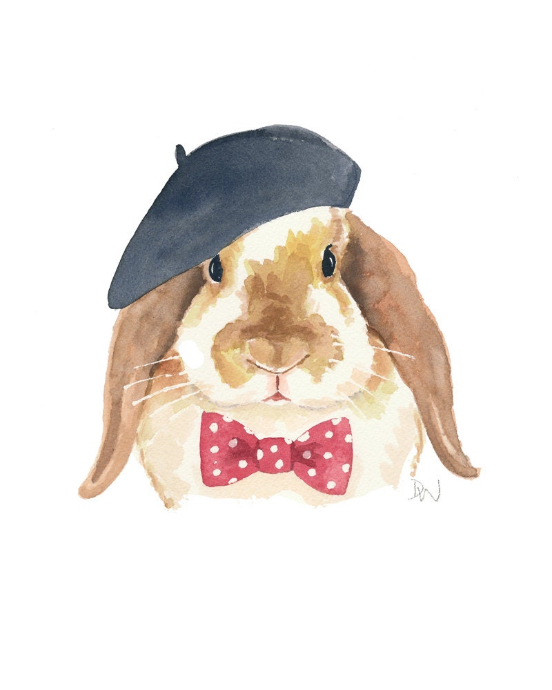 Bunny Rabbit Watercolour Original - Rabbit Painting, French Beret, Polka Dots, Bow tie, 8x10