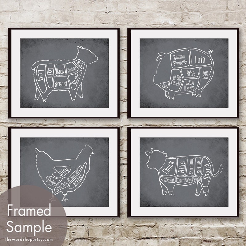 Cow, Pig, Chicken and Sheep Butcher Diagram Series - Set of 4 8x10 Prints (Featured in Charcoal)