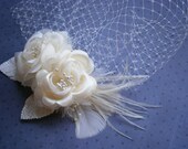 Bridal Fascinator Head Piece, Feather Hair PIece, Wedding Hair Accessory, Ivory, birdcage veil, Hair Facinator - PRETTY IVORY