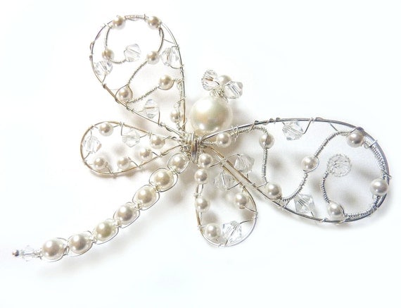 White Wedding Pearl Dragonfly Brooch - Dragonfly Jewelry -Tagt