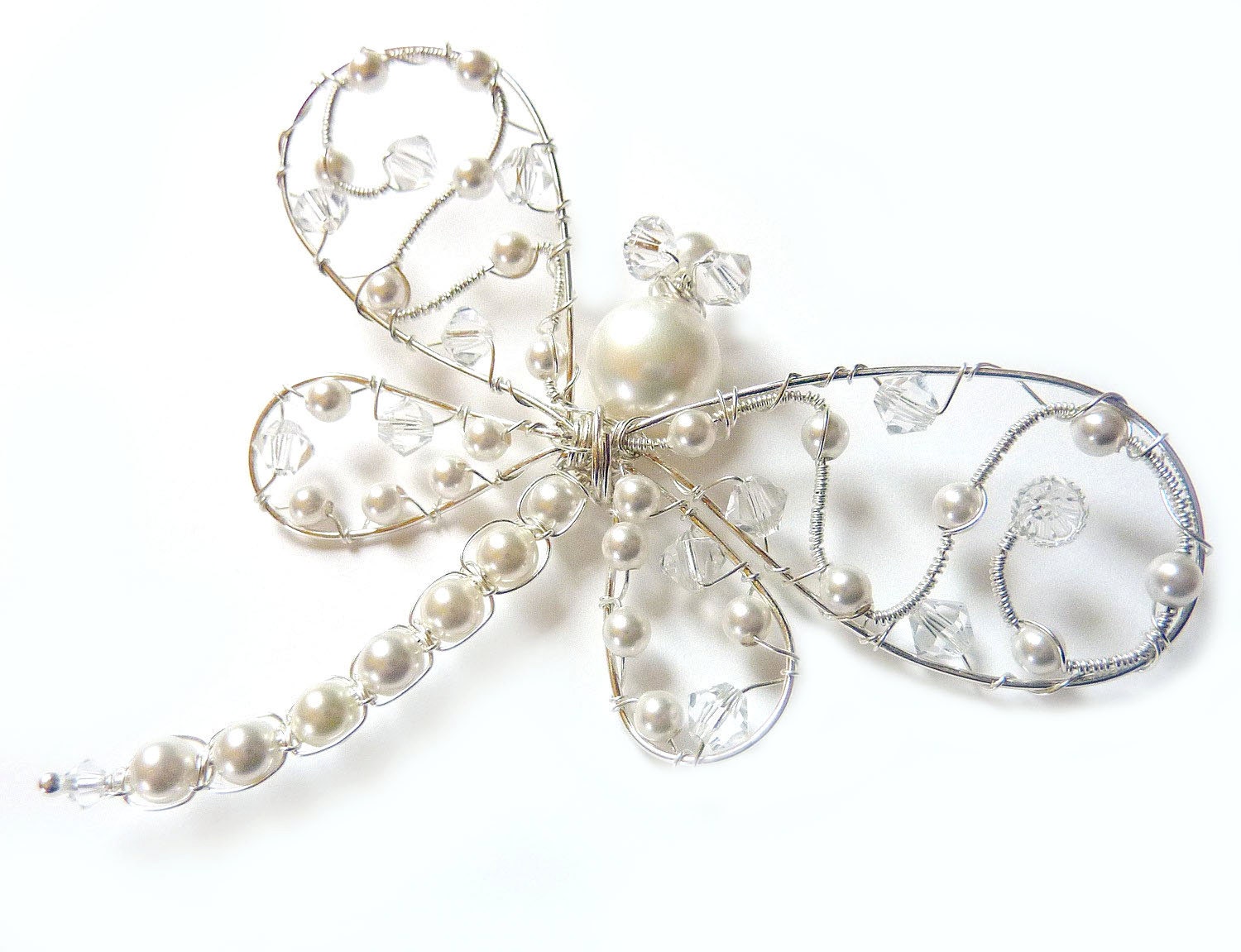 White Wedding Pearl Dragonfly Brooch - Dragonfly Jewelry -Tagt
