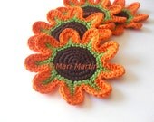 Orange Green Brown Flowers Crochet Coasters . Beverage Drink Petal Original Decor Crochet Spring Garden Collection - Set of 4
