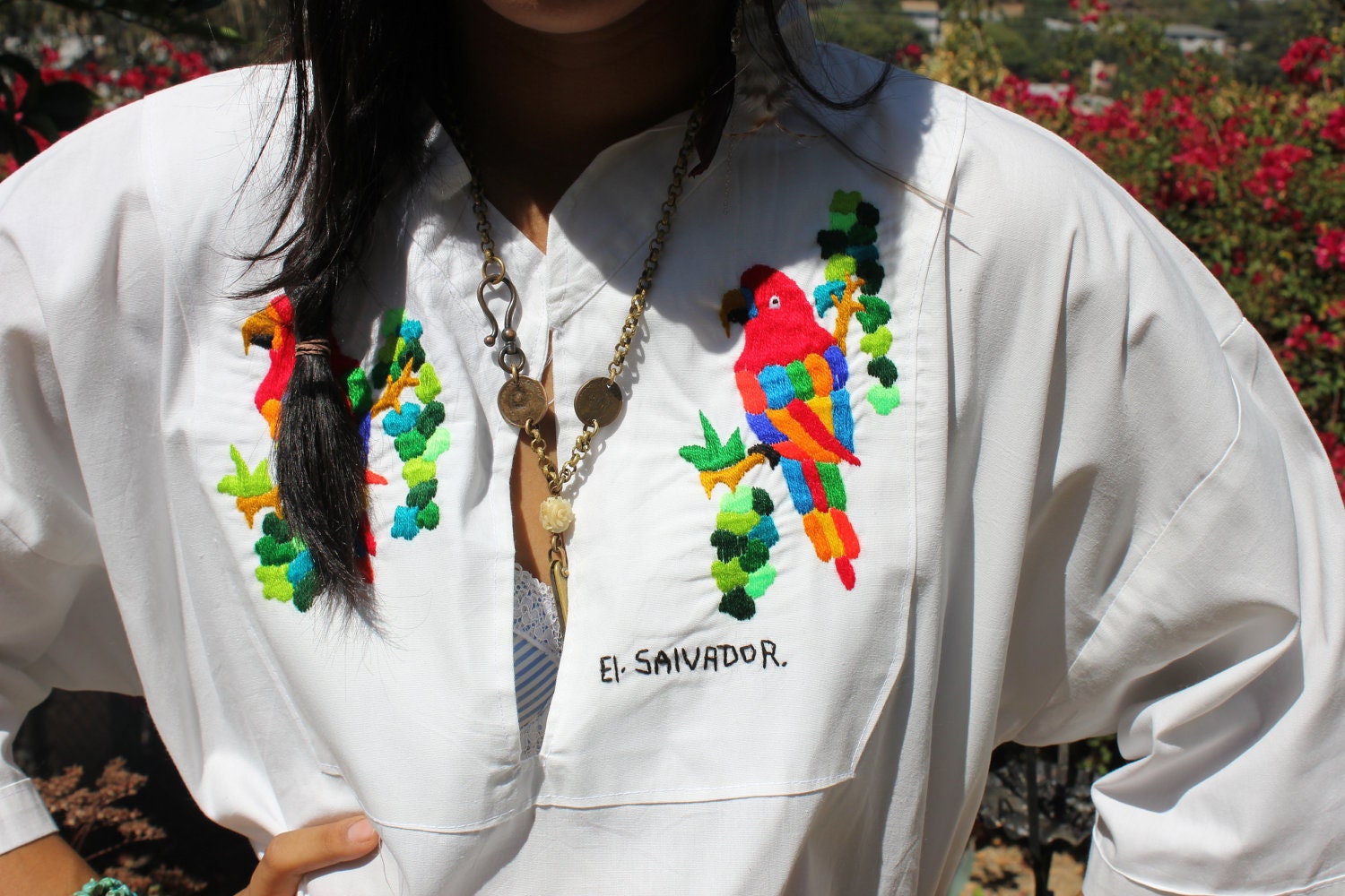 L/XXL Bohemian Birds Vintage Cotton Hand Embroidered Salvadorian Blouse