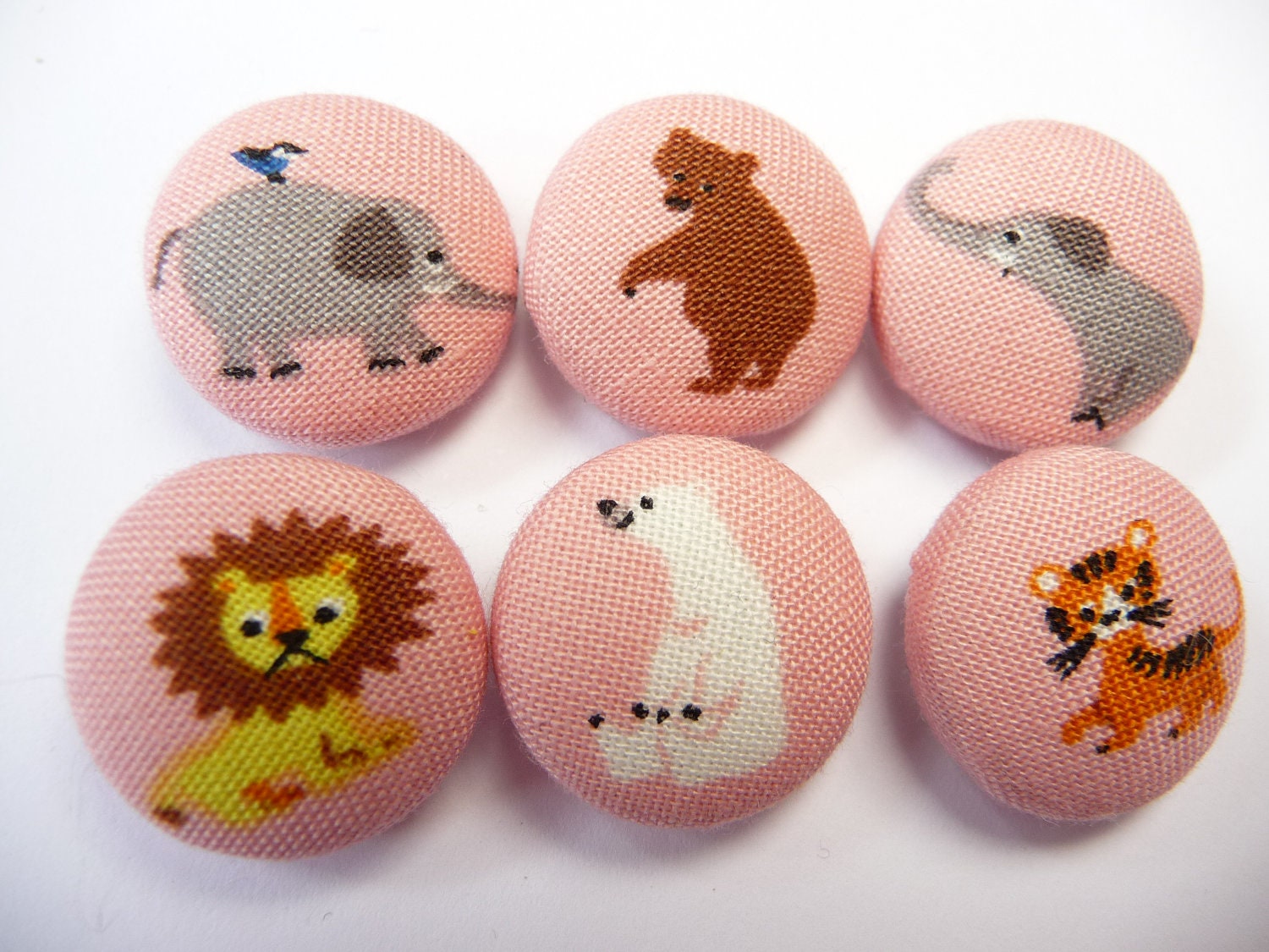 6 Kawaii zoo animal Kokka handmade fabric covered buttons  3/4 inches