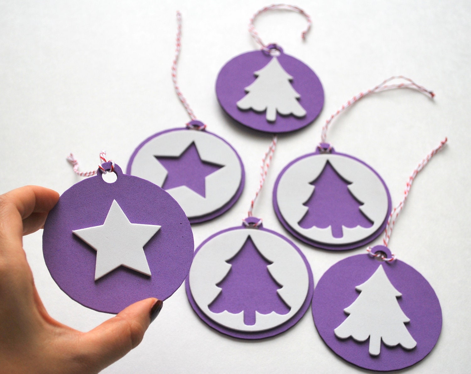 6 Foam Christmas Ornaments, Purple and white Christmas tags Original design Die cut Ornaments