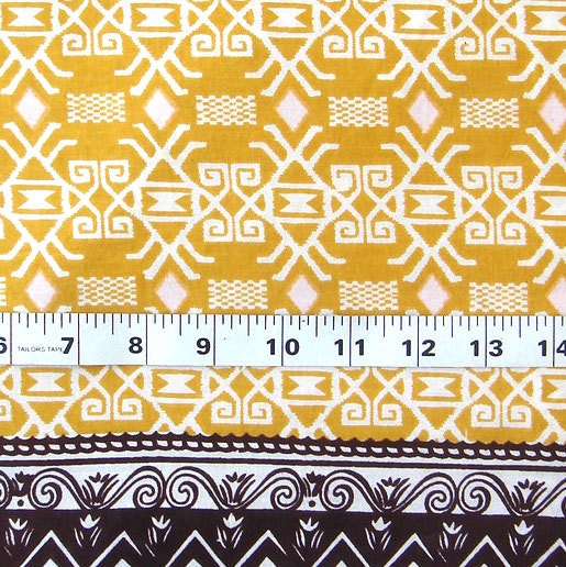 hand printed cotton fabric - white tribal style print on mustard yellow - dark brown border  - 1 yard - ctjp056
