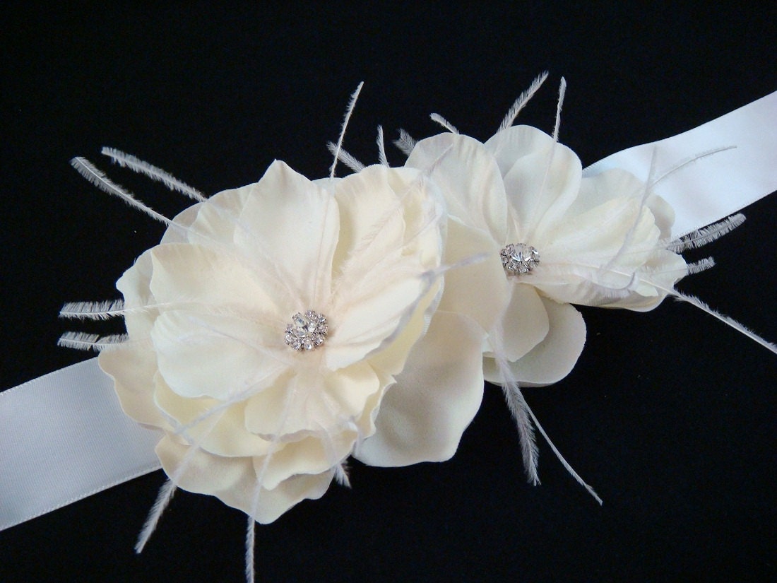 RIch Ivory FLOWER SASH / bridal flower sash ivory champagne with RHINESTONES and ostrich feather rhienstone sash / Kennedy Sash