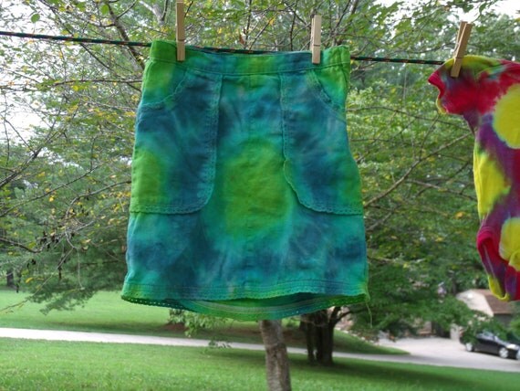 Up-cycled Little Water Goddess Tie Dyed Skirt / 5T Linen Skirt w/ Eyelet Trim Hand Dyed in Greens and Blues
